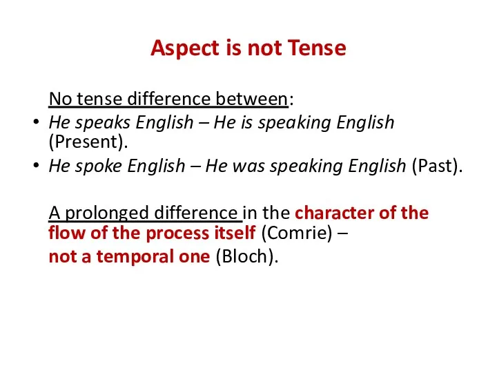 Aspect is not Tense No tense difference between: He speaks