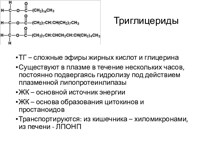 Триглицериды ТГ – сложные эфиры жирных кислот и глицерина Существуют