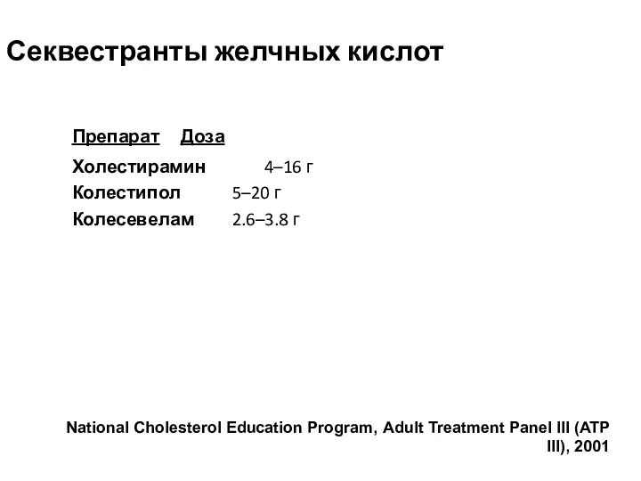 Секвестранты желчных кислот Препарат Доза Холестирамин 4–16 г Колестипол 5–20