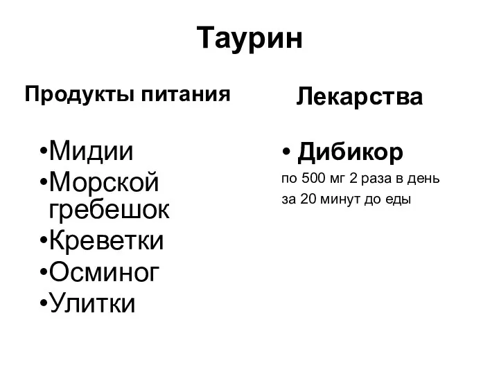 Таурин Продукты питания Мидии Морской гребешок Креветки Осминог Улитки Лекарства