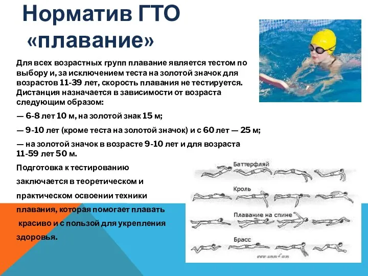 Норматив ГТО «плавание» Для всех возрастных групп плавание является тестом