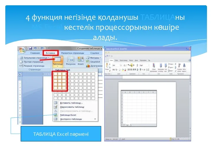 4 функция негізінде қолданушы ТАБЛИЦАны MS Excel кестелік процессорынан көшіре алады. ТАБЛИЦА Excel пәрмені