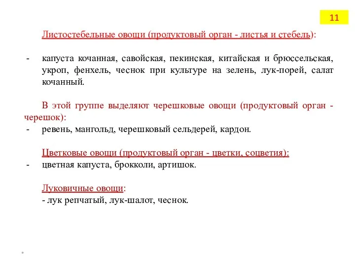 Листостебельные овощи (продуктовый орган - листья и стебель): капуста кочанная,