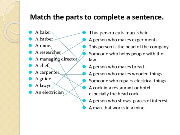 Match the parts to complete a sentence. A baker A