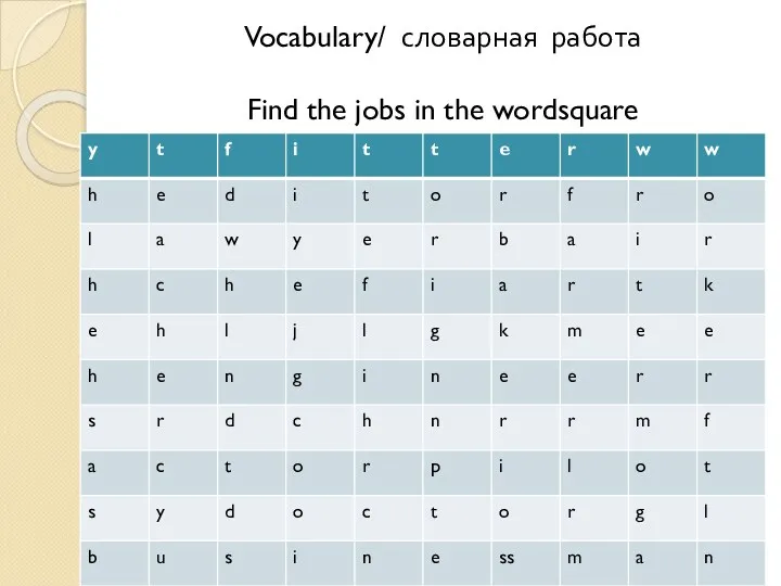 Vocabulary/ словарная работа Find the jobs in the wordsquare