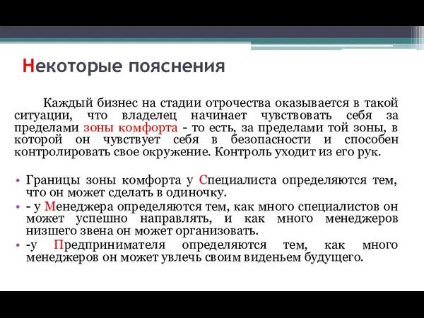 Некоторые пояснения Каждый бизнес на стадии отрочества оказывается в такой