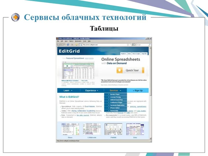 Таблицы Сервисы облачных технологий
