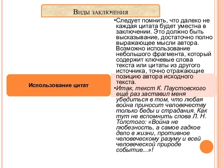 Виды заключения Использование цитат Следует помнить, что далеко не каждая