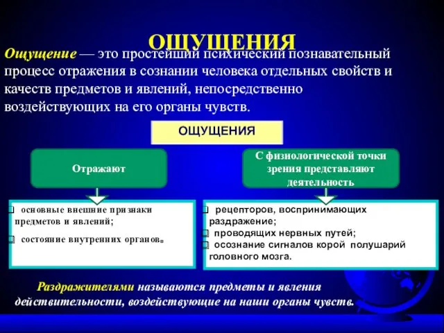 ОЩУЩЕНИЯ Ощущение — это простейший психический познавательный процесс отражения в