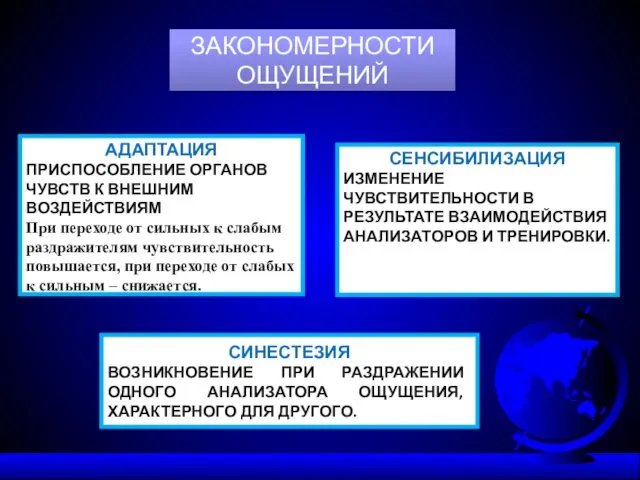 ЗАКОНОМЕРНОСТИ ОЩУЩЕНИЙ АДАПТАЦИЯ ПРИСПОСОБЛЕНИЕ ОРГАНОВ ЧУВСТВ К ВНЕШНИМ ВОЗДЕЙСТВИЯМ При