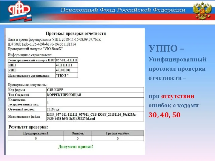 УППО – Унифицированный протокол проверки отчетности – при отсутствии ошибок с кодами 30, 40, 50