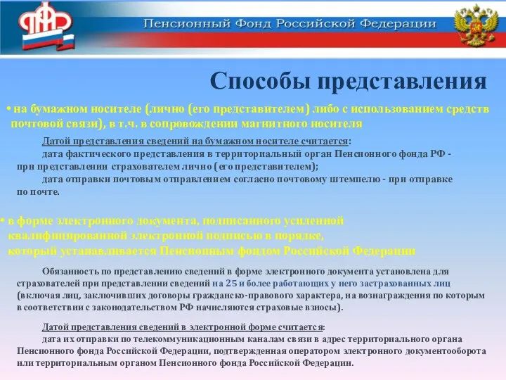 Способы представления Обязанность по представлению сведений в форме электронного документа