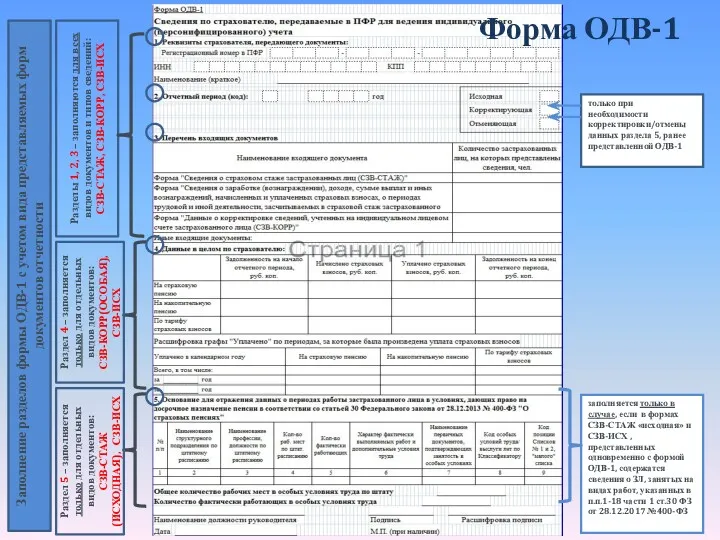 Форма ОДВ-1 Заполнение разделов формы ОДВ-1 с учетом вида представляемых