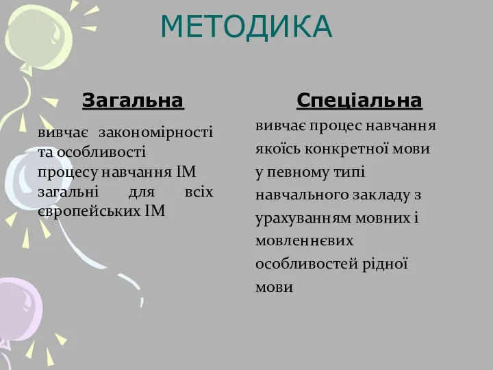 МЕТОДИКА Загальна Спеціальна вивчає процес навчання якоїсь конкретної мови у