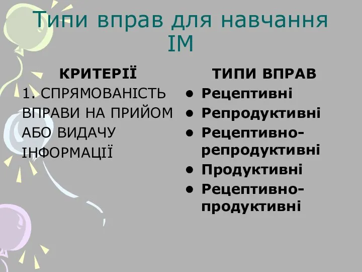 Типи вправ для навчання ІМ КРИТЕРІЇ 1. СПРЯМОВАНІСТЬ ВПРАВИ НА