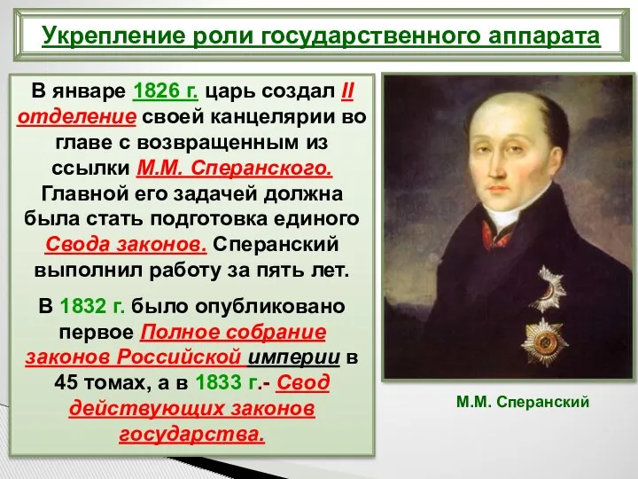 В январе 1826 г. царь создал II отделение своей канцелярии