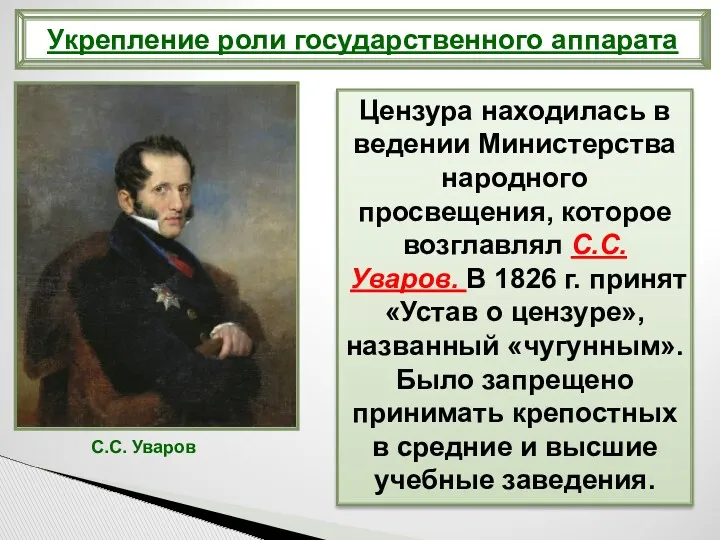 Цензура находилась в ведении Министерства народного просвещения, которое возглавлял С.С.