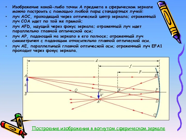 Изображение какой-либо точки A предмета в сферическом зеркале можно построить