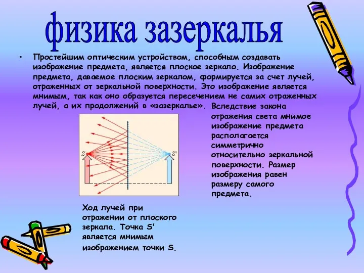 Простейшим оптическим устройством, способным создавать изображение предмета, является плоское зеркало.