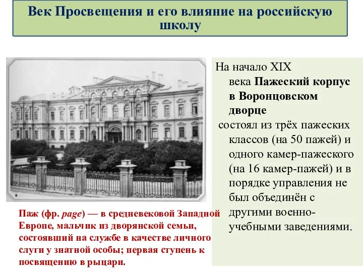 На начало XIX века Пажеский корпус в Воронцовском дворце состоял