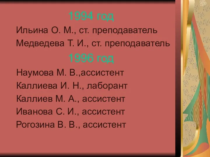 1994 год Ильина О. М., ст. преподаватель Медведева Т. И.,