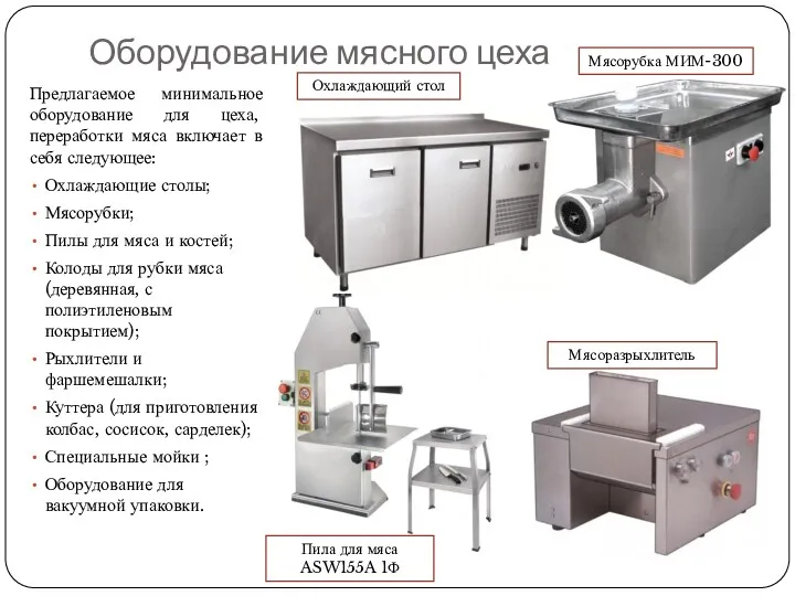 Оборудование мясного цеха Предлагаемое минимальное оборудование для цеха, переработки мяса включает в себя