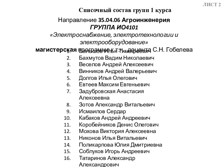 Списочный состав групп 1 курса ЛИСТ Направление 35.04.06 Агроинженерия ГРУППА