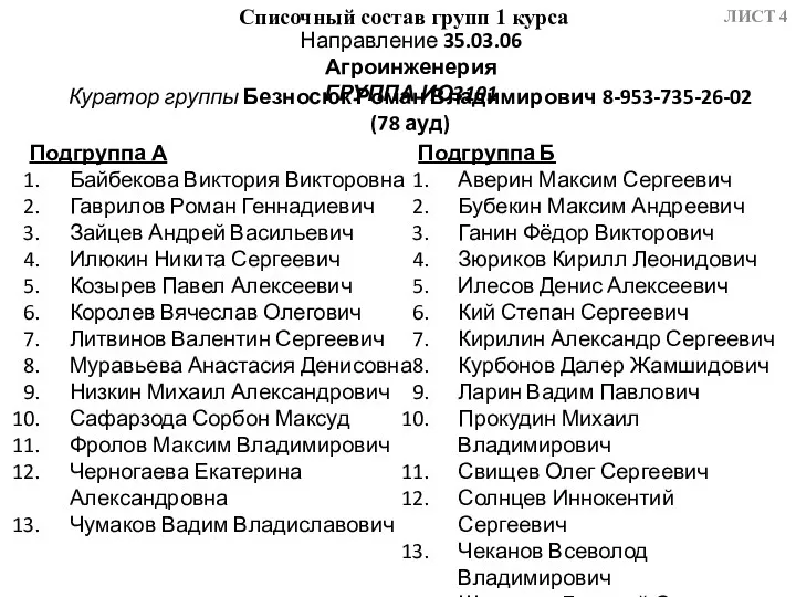 Списочный состав групп 1 курса ЛИСТ Направление 35.03.06 Агроинженерия ГРУППА