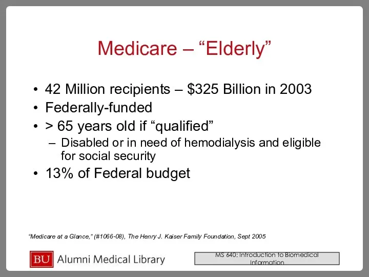 Medicare – “Elderly” 42 Million recipients – $325 Billion in