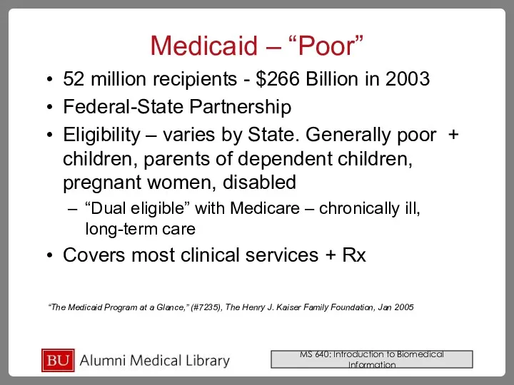Medicaid – “Poor” 52 million recipients - $266 Billion in