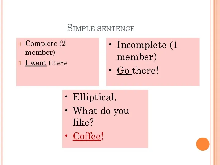 Simple sentence Complete (2 member) I went there. Incomplete (1 member) Go there!