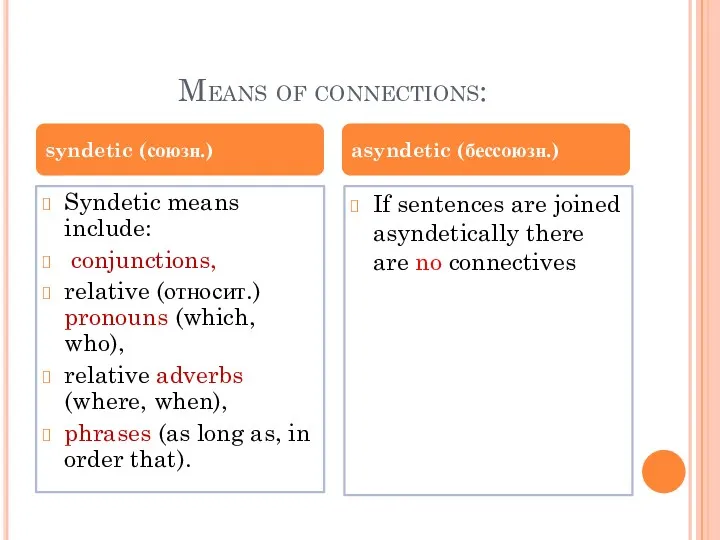 Means of connections: Syndetic means include: conjunctions, relative (относит.) pronouns (which, who), relative