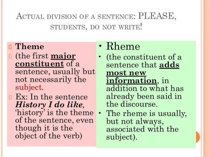 Actual division of a sentence: PLEASE, students, do not write! Theme (the first