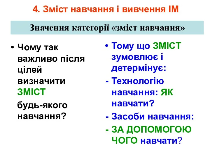 4. Зміст навчання і вивчення ІМ Значення категорії «зміст навчання»