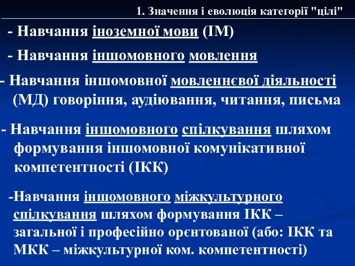 1. Значення і еволюція категорії "цілі" Навчання іншомовної мовленнєвої діяльності