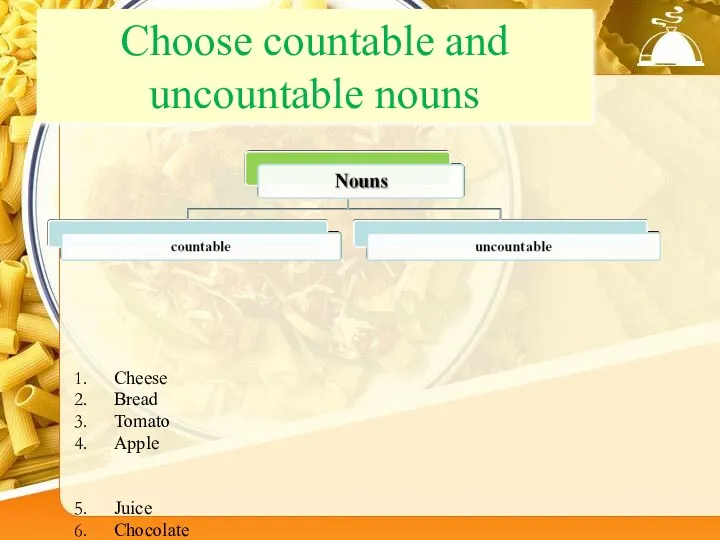 Choose countable and uncountable nouns Cheese Bread Tomato Apple Juice Chocolate Banana Biscuit