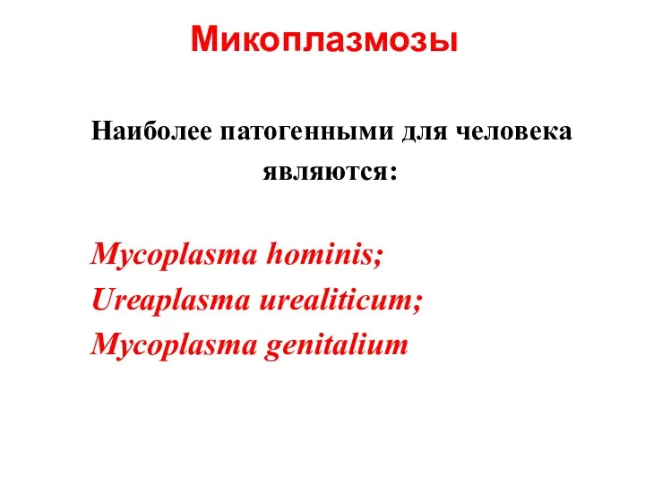 Урогенитальный микоплазмоз Наиболее патогенными для человека являются: Mycoplasma hominis; Ureaplasma urealiticum; Mycoplasma genitalium Микоплазмозы