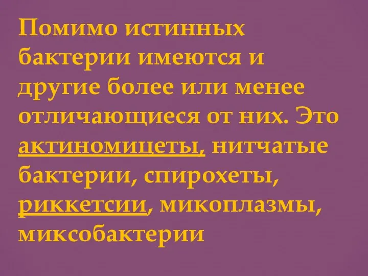 Помимо истинных бактерии имеются и другие более или менее отличающиеся