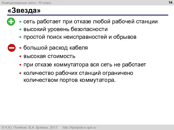 «Звезда» сеть работает при отказе любой рабочей станции высокий уровень