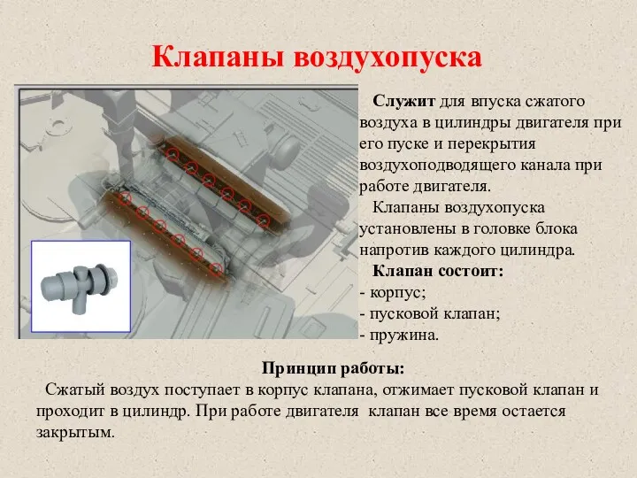 Клапаны воздухопуска Служит для впуска сжатого воздуха в цилиндры двигателя