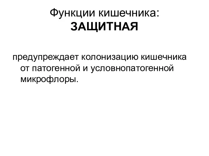 Функции кишечника: ЗАЩИТНАЯ предупреждает колонизацию кишечника от патогенной и условнопатогенной микрофлоры.