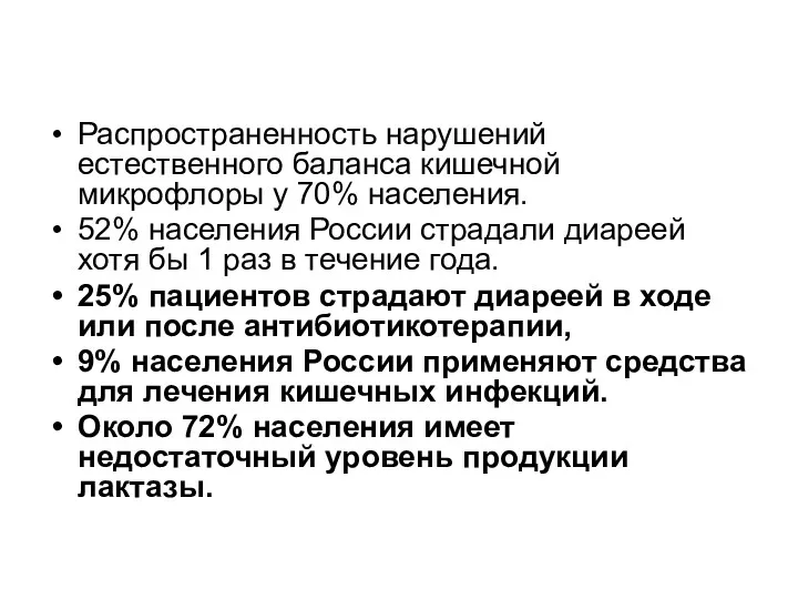 Распространенность нарушений естественного баланса кишечной микрофлоры у 70% населения. 52% населения России страдали