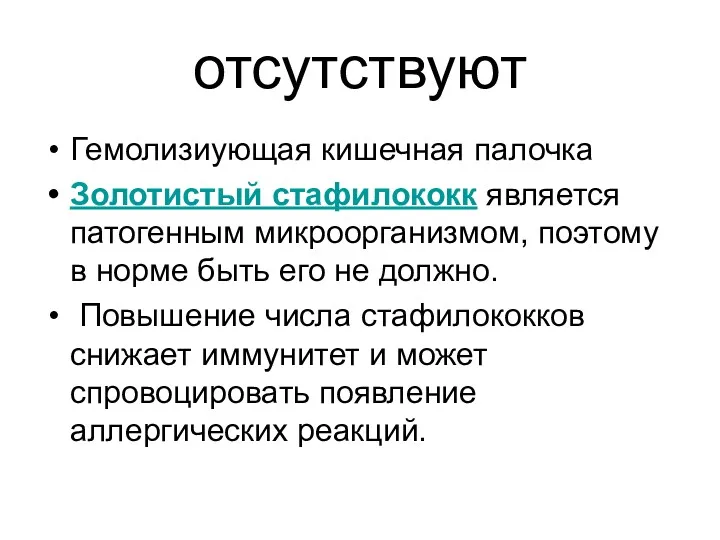 отсутствуют Гемолизиующая кишечная палочка Золотистый стафилококк является патогенным микроорганизмом, поэтому в норме быть