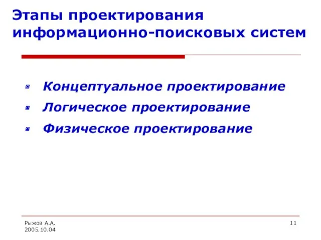 Рыжов А.А. 2005.10.04 Этапы проектирования информационно-поисковых систем Концептуальное проектирование Логическое проектирование Физическое проектирование