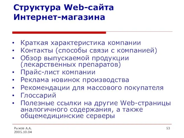 Рыжов А.А. 2005.10.04 Структура Web-сайта Интернет-магазина Краткая характеристика компании Контакты