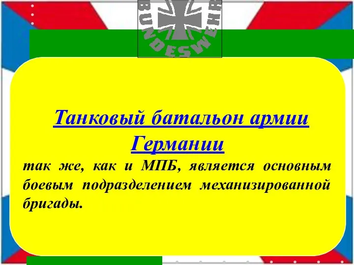 Танковый батальон армии Германии так же, как и МПБ, является основным боевым подразделением механизированной бригады.