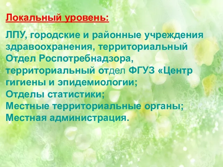 Локальный уровень: ЛПУ, городские и районные учреждения здравоохранения, территориальный Отдел