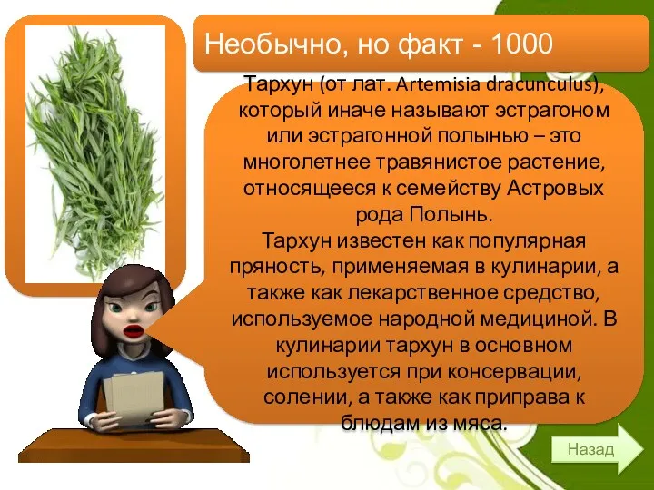 Назад Необычно, но факт - 1000 Тархун (от лат. Artemisia dracunculus), который иначе