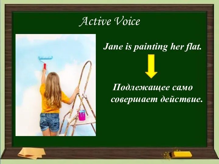 Active Voice Jane is painting her flat. Подлежащее само совершает действие.