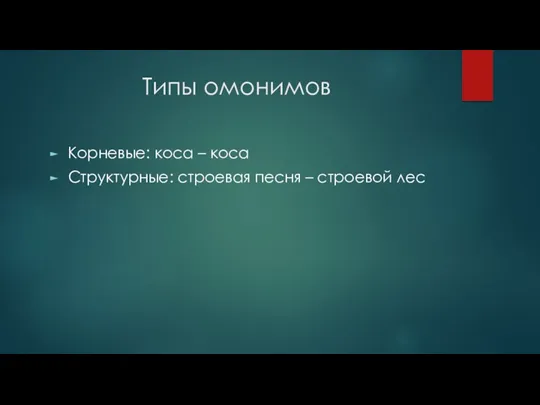 Типы омонимов Корневые: коса – коса Структурные: строевая песня – строевой лес